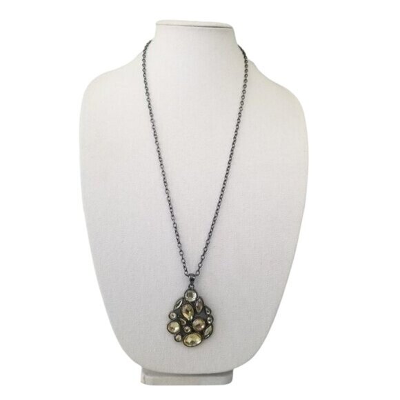 Lia Sophia Yellow Rhinestone Teardrop Pendant Necklace Long Gun Metal Gray - Picture 1 of 6